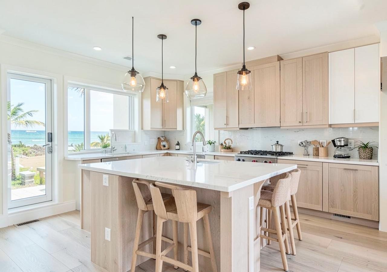 Bright coastal kitchen with new cabinets and countertops